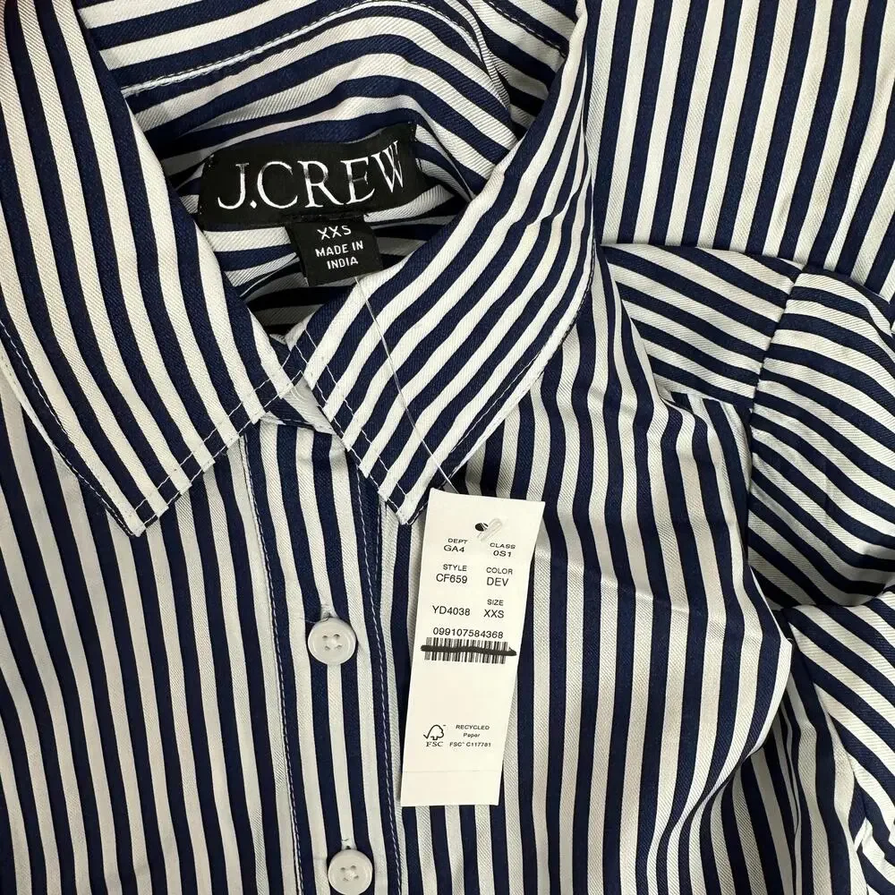 J.Crew Long Amelia Shirt Dress Striped Drapey Viscose Twill Nautical XXS NWT